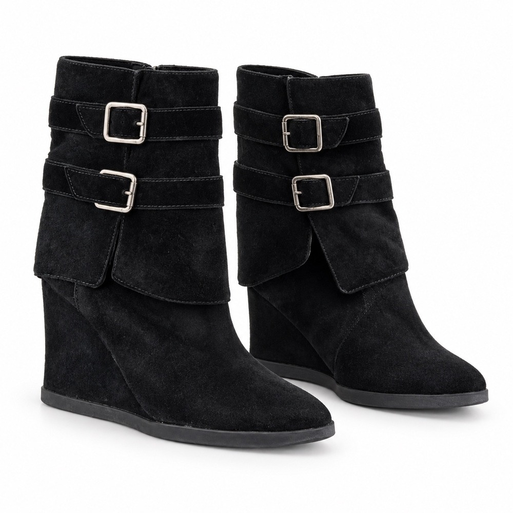 Juicy Couture Vintage Y2K Black Suede Wedge Fold Over Boots Women's Size 8M